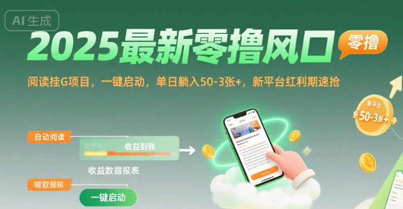 2025最新零撸风口,阅读挂G项目,一键启动,单日躺入 50-3张+,新平台红利期速抢【揭秘】-镰火网