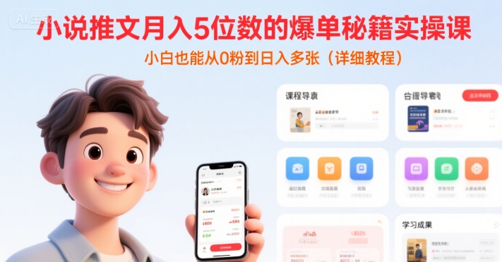 小说推文月入5位数的爆单秘籍实操课，，小白也能从0粉到日入多张(详细教程)-镰火网