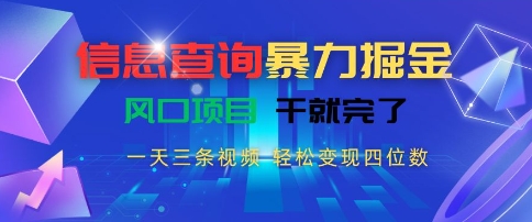 信息查询暴力掘金，一天三条视频，轻松变现四位数，风口项目干就完了【揭秘】-镰火网